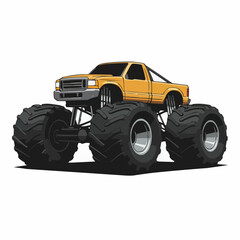 A yellow, cartoon style monster truck sits on enormous tires with big, tough suspension