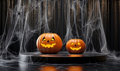 Spooky Halloween Pumpkins with Spider Webs and Dark Background