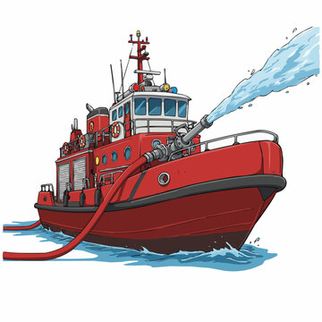 A cartoonish fireboat sprays a strong stream of water from a hose on the deck