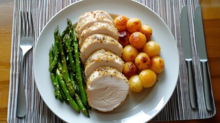 Elegant Sliced Turkey Breast With Asparagus And Roasted Potatoes. Perfect For Healthy Meal, Dinner Recipe Or Culinary Photography.