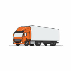 Depicts a semi-truck with an orange cab and a white trailer on a white background