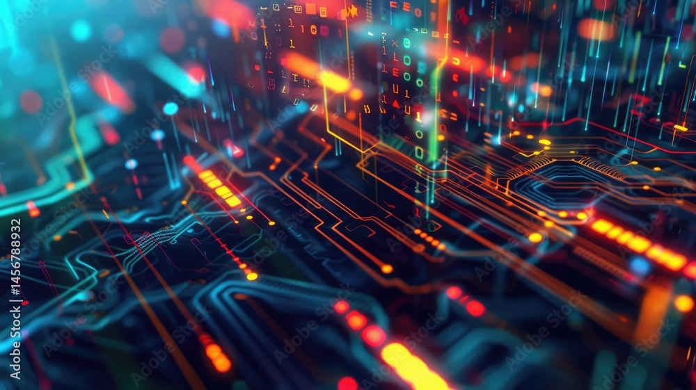 Poster a vibrant abstract tech background featuring colorful data streams and intricate circuit patterns. i
