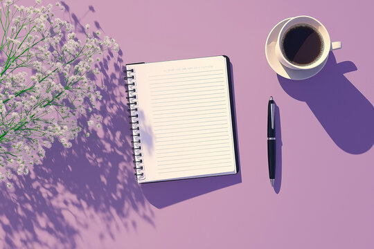 Flat lay of open notebook and coffee cup on purple background with flowers and stationery