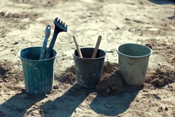 Three Buckets with Gardening Tools on Sandy Ground Level Shot in Bright Sunlight Outdoor Scene