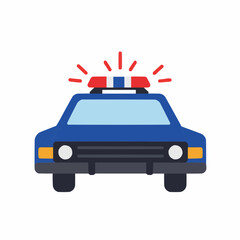 Blue & red police car, top right side, with light beams. Flat, cartoon style image