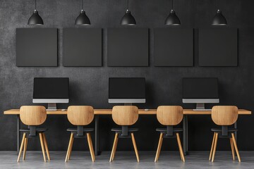 Minimalist office space with computers and wooden chairs against dark wall with black frames and pendant lights