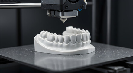 Close Up of a 3D Printer Constructing a Detailed White Dental Mold with Black Platform and Clean Modern Studio Lighting