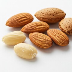Close-up of almonds on a white background with premium texture, soft lighting, and Scandinavian-inspired minimalistic aesthetic.