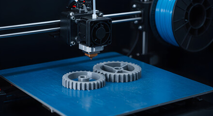 Close Up of a Three D Printer Crafting Grey Gears with Blue Platform And Dark Backdrop Showcasing Modern Automated Industrial Progress