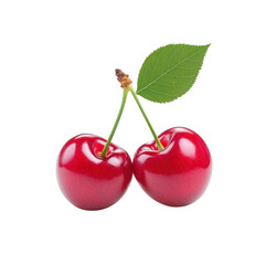 Obraz premium Two fresh cherries with a vibrant red color and green leaf, isolated on a white background. Perfect for healthy eating, desserts, and summer recipes.