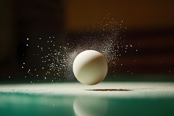 Close-up of the racket touching the ping pong ball in a tense moment of a fast and focused match