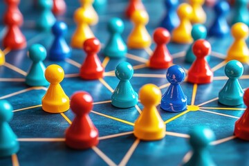 Colorful game pieces arranged on a blue gaming board, showcasing connection and interaction in a strategic play environment