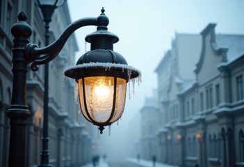 Frosted street lamp illuminating a snowy urban scene in winter