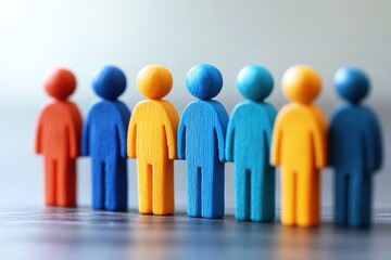 Colorful Wooden Figurines in a Line Representing Diversity, Teamwork, and Unity in a Modern Workspace Setting