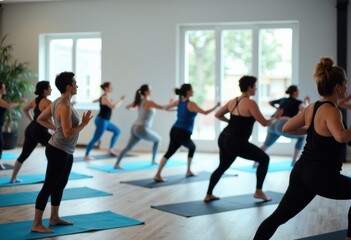Fototapeta premium Group of women practicing yoga in a bright studio with blue mats