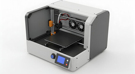 Obraz premium Compact 3D Printer with Monochrome Screen and Dual Fans in White and Gray on White Background in a Studio Setting