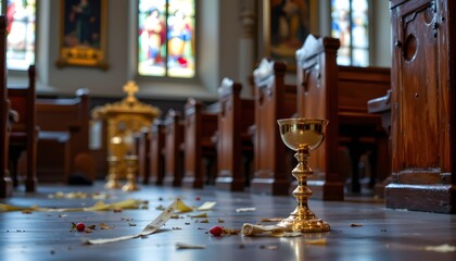 Golden Chalice in Church: A golden chalice sits on the floor of a church, surrounded by fallen petals. Sunlight streams through stained glass windows, creating a serene and spiritual atmosphere.