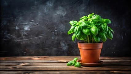 A vibrant basil plant thrives in a terracotta pot, positioned on a rustic wooden surface against a dark textured backdrop.