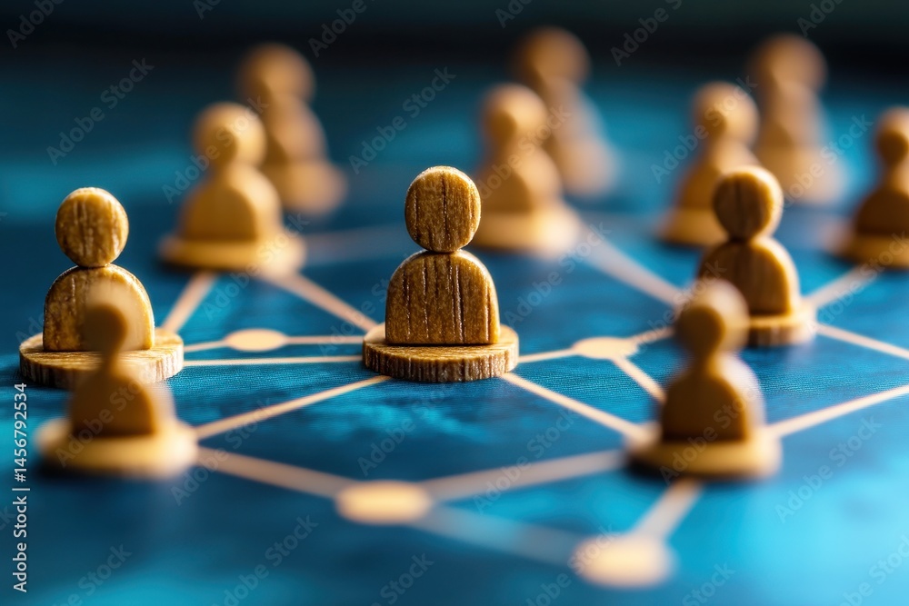Wall mural conceptual representation of networking and collaboration with wooden person icons on a blue backgro