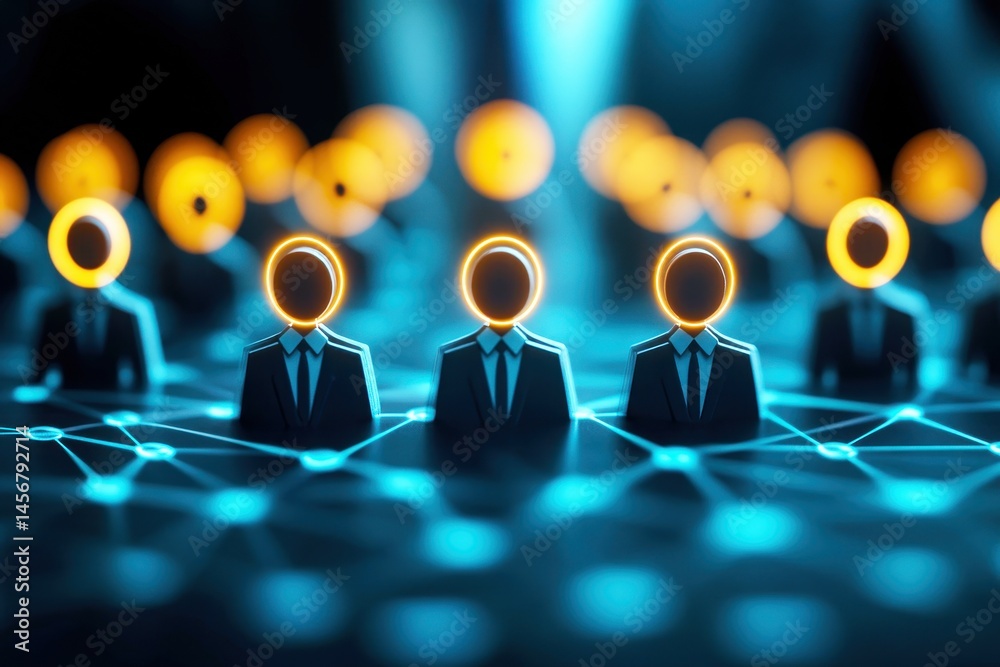 Wall mural abstract representation of networked individuals with glowing heads symbolizing digital identity in 