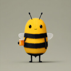 Smiling cartoon bee holding a tiny honey jar, flat vector style