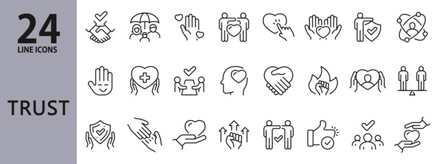 Trust line icons set with Handshake, Help, Partnership, Support, Care, Responsibility and more. Editable Stroke