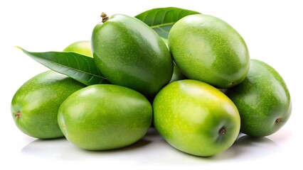 Obraz premium Bunch green mangoes fresh tropical fruit isolated on white background
