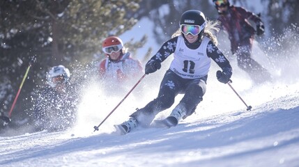 Ski racers on snowy slope.  Fast-paced winter sport athletes carving down a mountain