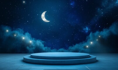 Night Sky with Moon and Stars Over Circular Stone Platform