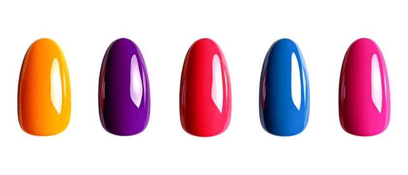 Set of Three Colorful Artificial Nails Against Transparent Background