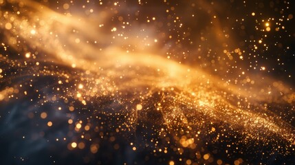 Fototapeta premium A mesmerizing display of light waves and dust particles creates an enchanting visual experience. This abstract image captures the dynamic motion and shimmering beauty of golden hues in a cosmic