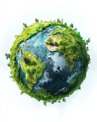 Fototapeta premium Lush Green Earth Globe with Thriving Vegetation and Clear Blue Oceans on White Background