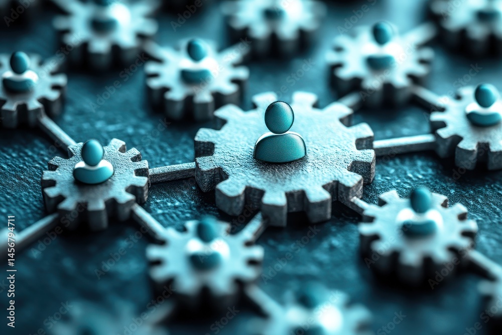 Wall mural abstract representation of teamwork and collaboration through interconnected gears and figures symbo