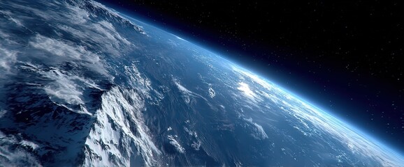 Fototapeta premium A breathtaking view of Earth from space, showing clouds, oceans, land, and the curvature of the planet under a starry sky.