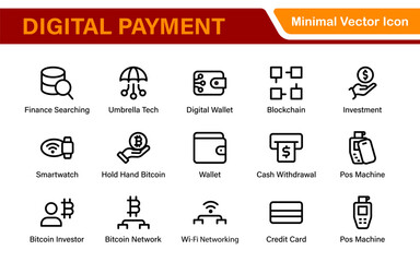Finance and Technology Icon Collection &ndash; Professional Minimalist Line Vector Icons for Cryptocurrency, Mobile Banking, Digital Wallets, and Investments