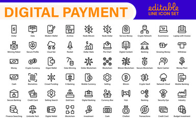 Finance and Technology Icon Collection – Professional Minimalist Line Vector Icons for Cryptocurrency, Mobile Banking, Digital Wallets, and Investments