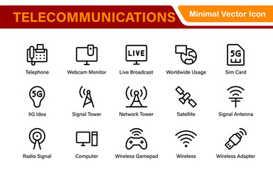 Fototapeta premium Modern 5G Telecommunications Line Icons – Minimalist Vector Outline Illustrations for Wireless Tech, Mobile Data, Network Infrastructure, and IoT Connectivity