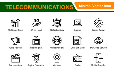 Fototapeta premium Modern 5G Telecommunications Line Icons – Minimalist Vector Outline Illustrations for Wireless Tech, Mobile Data, Network Infrastructure, and IoT Connectivity