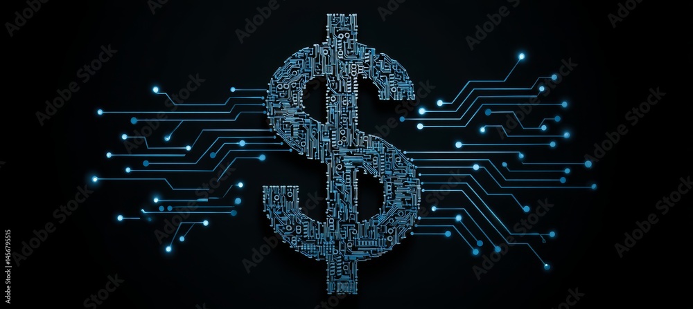 Poster Dollar icon with network connection. Business digital currency payment transaction. Generative AI technology.	
