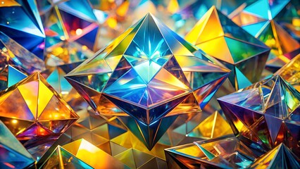 Mesmerizing Abstract Display of Colorful Geometric Crystals with Reflective Surfaces Glowing in Vibrant Hues of Blue, Yellow, and Pink.