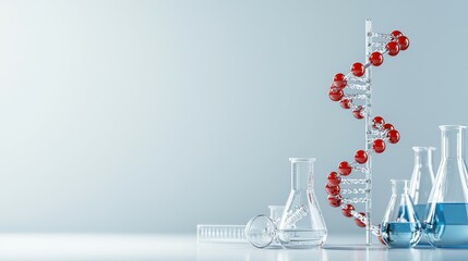 Laboratory setting with glassware and a DNA model, representing scientific research.
