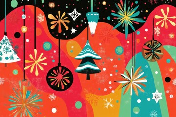 Festive holiday background featuring ornaments, snowflakes, and Christmas trees in a retro style. Colorful and playful design for seasonal greetings and decorations.