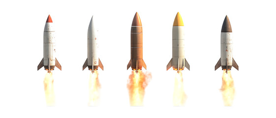 Set of Three Rockets Launching Against Transparent Background