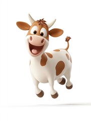 3D cartoon happy cow jumping in excitement on white background