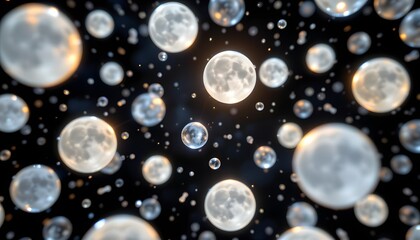 Celestial Symphony: A mesmerizing abstract depiction of celestial bodies suspended in a cosmic expanse, featuring multiple glowing orbs representing moons, surrounded by iridescent bubbles.