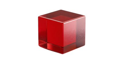 a red cube with a reflection on a white surface