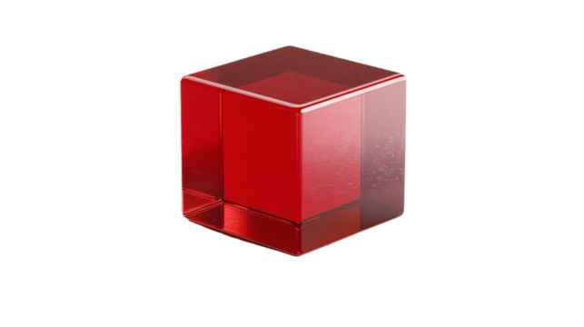a red cube with a reflection on a white surface