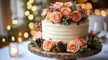 Festive wedding cake with peach roses and pine cones