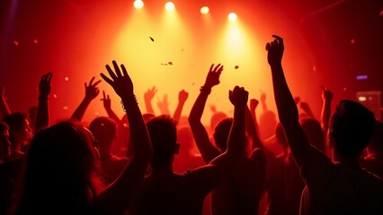A crowd of people at a concert with their hands up in the air.