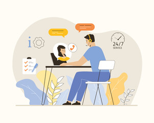 Technical support, call center. Customer service concept. Hotline operator consulting with customer on computer. Flat vector illustration.	

